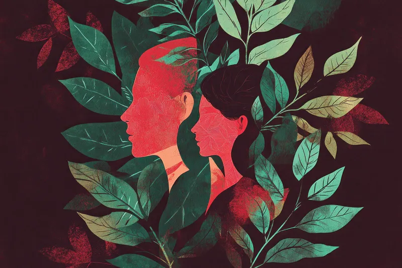 Силуэт пары среди яркой зеленой листвы, олицетворяющий любовь, природу и гармонию