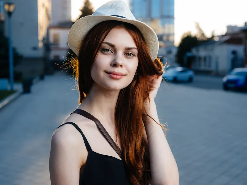 Модель с рыжими волосами на улице в городе, одетая в чёрное платье и белую шляпу