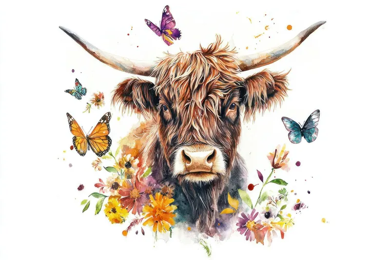 Эта художественная иллюстрация изображает хайлендскую корову, украшенную бабочками и цветами, прославляя сущность природы, дикой природы и насыщенных цветов в причудливом сезонном дизайне