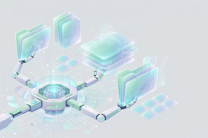 3D-рендер футуристической системы хранения данных с парящими папками