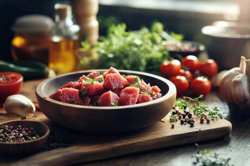 Сочная нарезанная кубиками говядина в деревенской деревянной миске в окружении свежих овощей и трав
