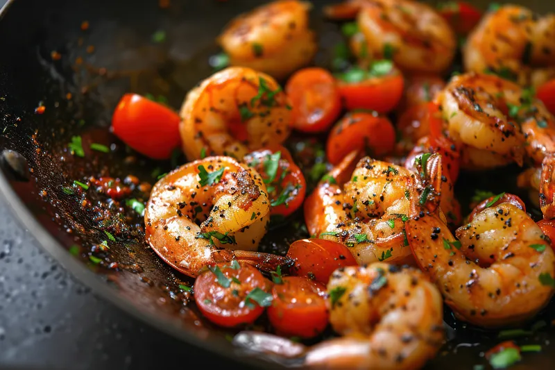 Вкусное блюдо из морепродуктов: жареные креветки с чесночным маслом и свежей петрушкой на деревянном столе красного цвета в деревенском стиле