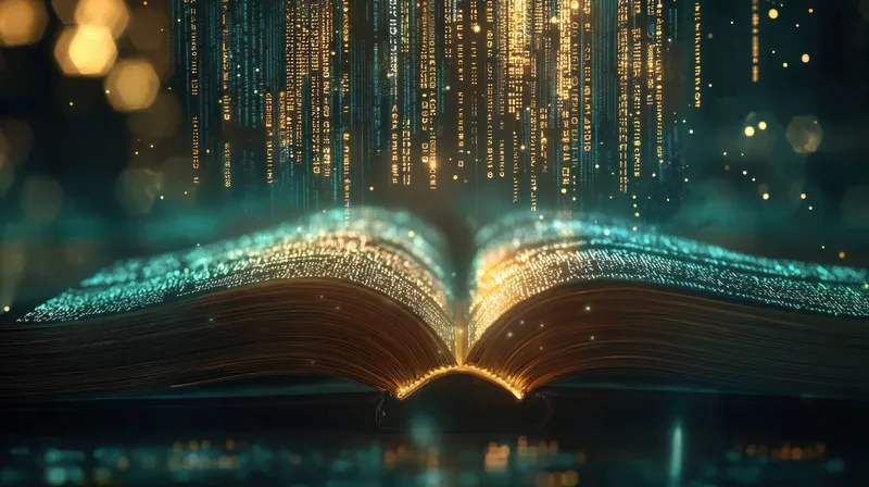 Открытая книга, из которой вырываются светящиеся частицы и потоки цифровых данных, символизирует слияние традиционного чтения с современными технологиями, что идеально подходит для образовательных…
