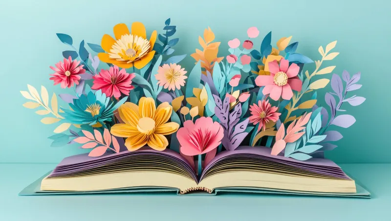 Открытая книга, окруженная разноцветными бумажными цветами, олицетворяющая творчество, воображение и радость