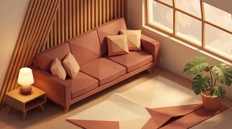 Граненая low-poly гостиная с диагональным диваном, теплой лампой, геометрическим ковром, реечной стеной и оконным светом в приглушенных тонах ржавчины и сливок