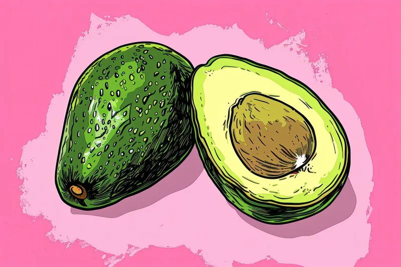 Вкусный дуэт авокадо на розовом фоне с текстом «avocado»; яркая фруктовая иллюстрация