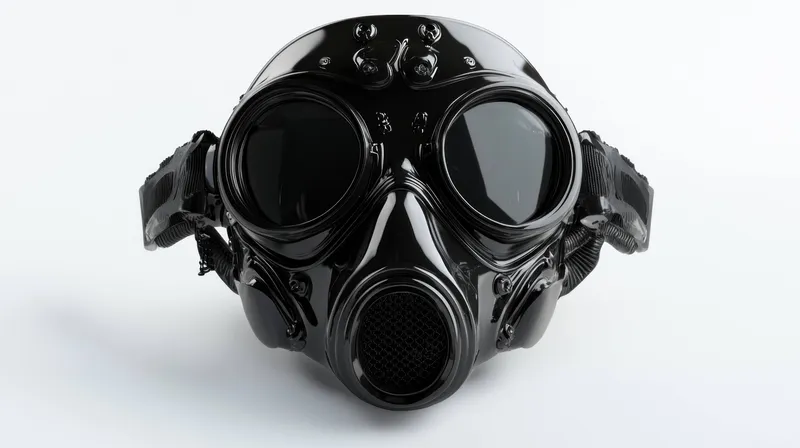 Черный противогаз с элегантным дизайном и отражающими линзами, символизирующий защиту в опасных условиях