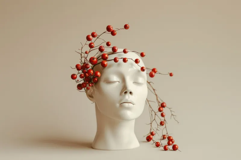 Голова женщины, украшенная красными ягодами, на бежевом фоне в 3D