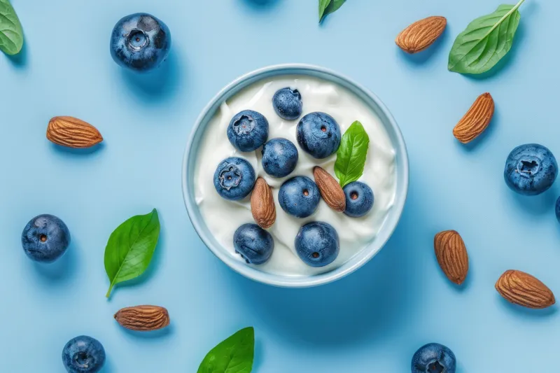 Вкусный йогурт, покрытый свежей голубикой, миндалем и зелеными листьями, представленный на спокойной синей поверхности