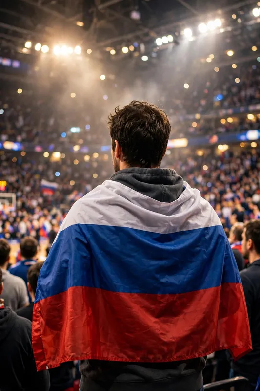 Болельщик с флагом России на трибуне стадиона