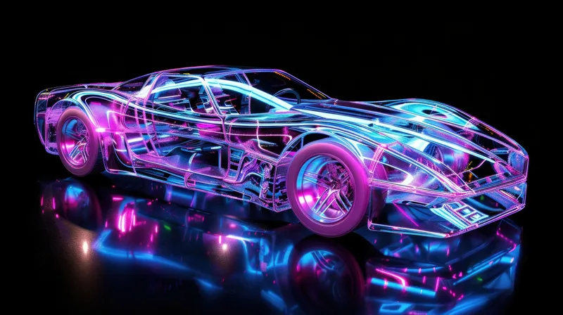 Полупрозрачный спортивный автомобиль, подсвеченный яркими неоновыми цветами, создает динамичный и футуристический визуальный эффект на строгом черном фоне