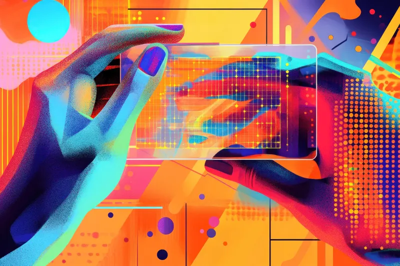 Яркая иллюстрация рук, использующих смартфон, с абстрактными формами и яркими цветами, представляющая пересечение технологий и искусства в современном контексте