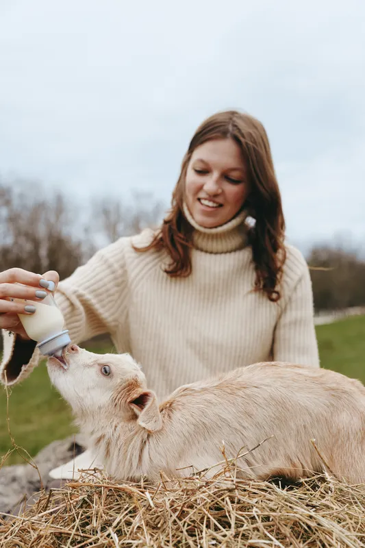 Caring woman feeds a young goat outdoors, wearing a warm sweater, sitting on straw, capturing a gentle countryside moment, kid eagerly drinks milk, calm lifestyle scene, natural light