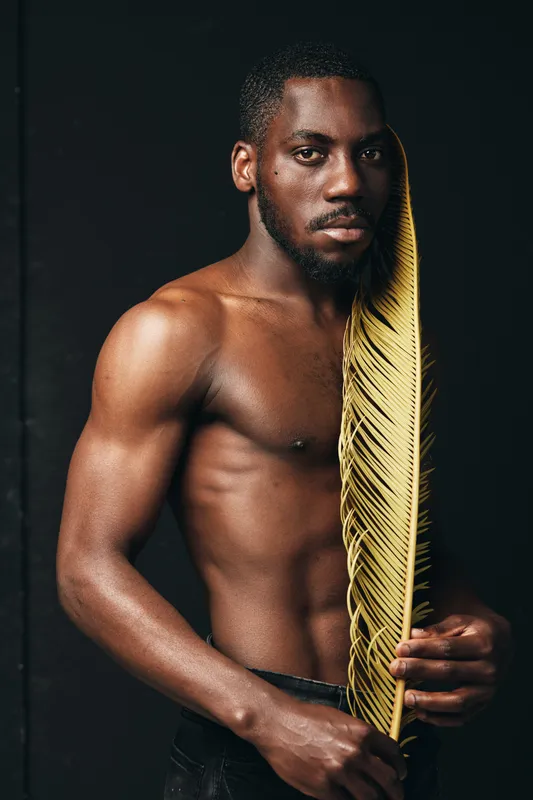African man with muscular body holding yellow palm leaf in creative conceptual visual style. Dark skin, bare chest and serious expression on black background for artistic portrait.