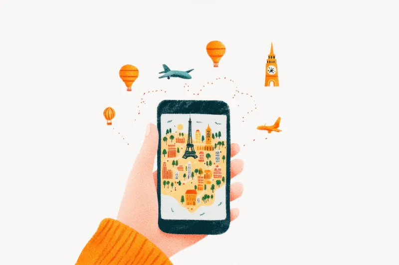 Весёлая иллюстрация руки, держащей смартфон с графикой, связанной с путешествиями, подчёркивающая приключения, туризм, связь и исследования