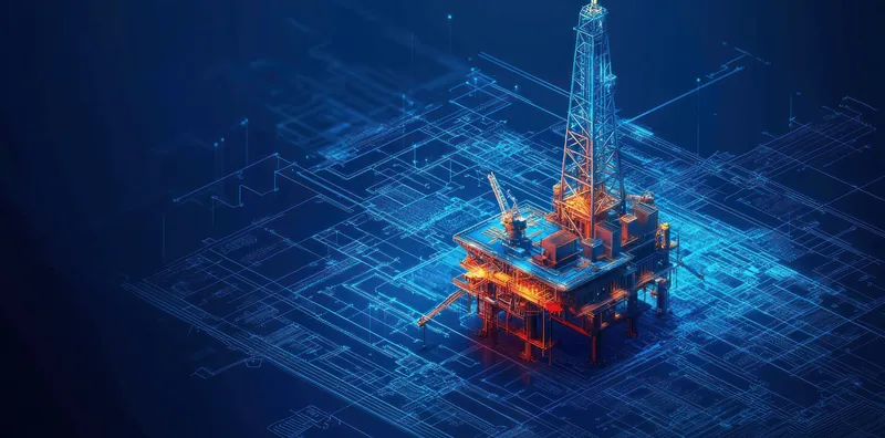 Современная нефтяная вышка, изображённая в ярких синих и оранжевых тонах, демонстрирующая инновации в энергетике на фоне технических чертежей, идеально подходящая для тем энергетики и промышленности