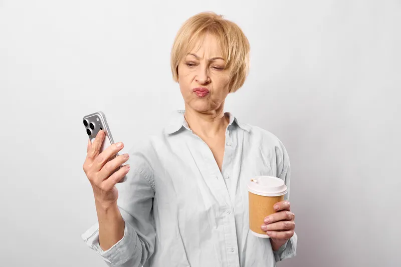 Senior woman indoors holding smartphone and coffee cup looking concerned thoughtful expression soft light plain background casual blouse hands closeup neutral tone calm