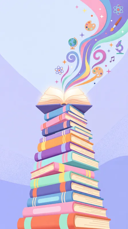 Яркая образовательная иллюстрация стопки книг с абстрактными символами обучения, поднимающимися над ними, идеально подходит для школьного или библиотечного контента