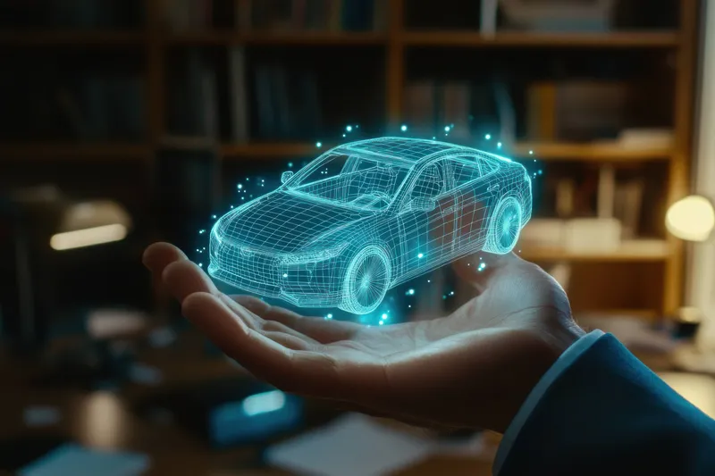 Голографическая модель автомобиля в руке, символизирующая передовые автомобильные технологии и инновации в современном офисном окружении, идеально подходит для тем, связанных с технологиями
