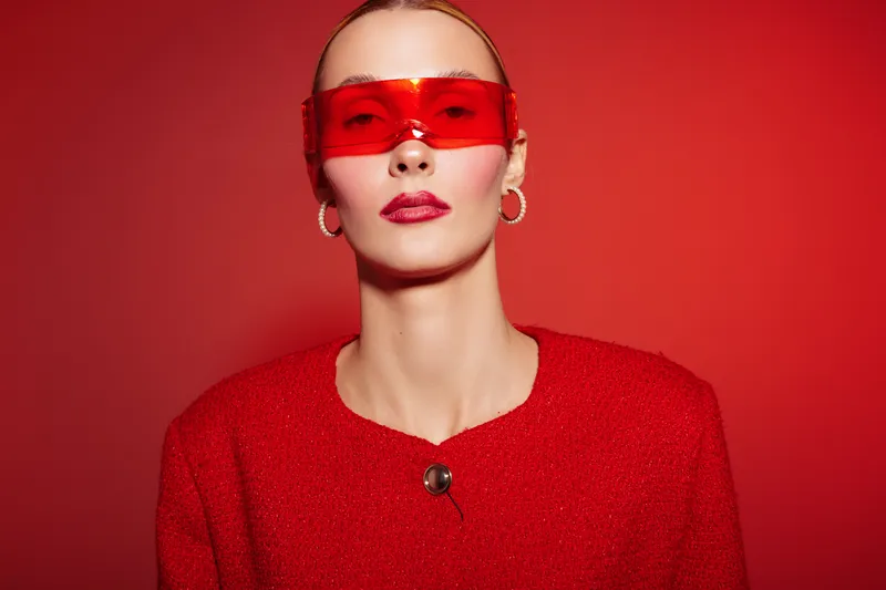 Stylish woman in red jacket and red tinted sunglasses poses against red background. Fashion portrait with bold makeup and hoop earrings. Concept of modern style and confident attitude.