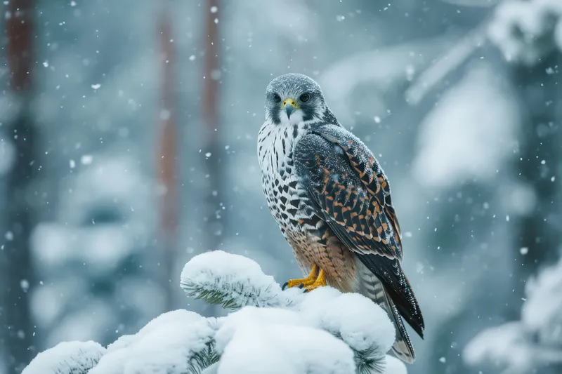Евразийский тетеревятник, величественный хищник: зимняя охота в заснеженном лесу