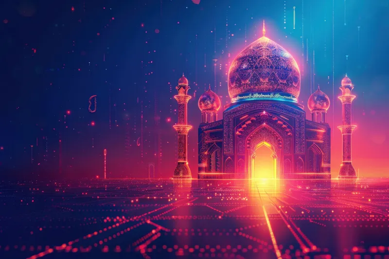 Освещенная исламская мечеть ночью, окруженная неоновыми огнями