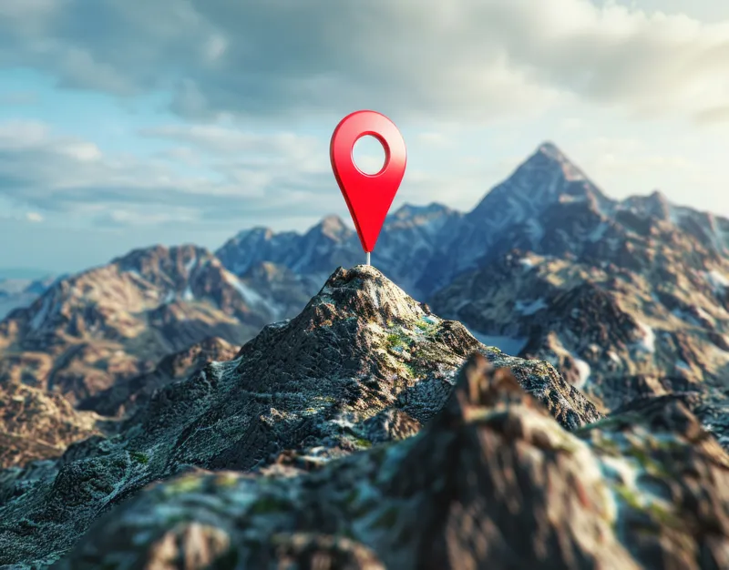 Маркер GPS-местоположения на вершине горы с горами на заднем плане, 3D-рендеринг