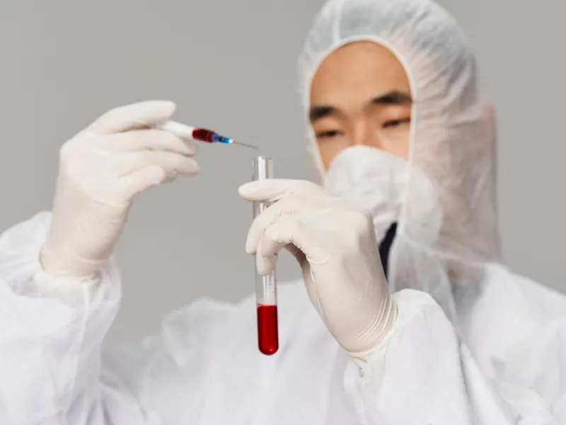Лаборант мужского пола в защитной медицинской одежде, исследование на сером фоне