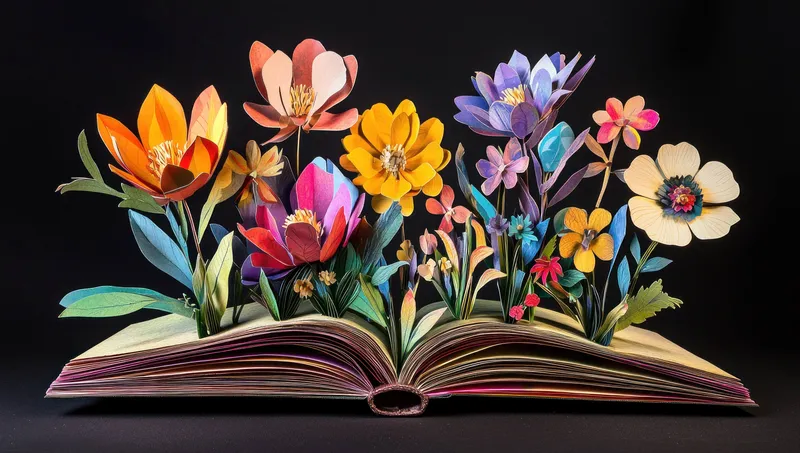 Яркая композиция из разноцветных цветов, распускающихся из открытой книги, символизирующая творчество, вдохновение и красоту природы