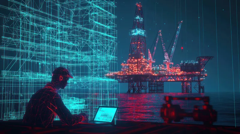 Цифровое изображение футуристической морской нефтяной платформы, освещенной яркими цветами, на котором инженер работает за ноутбуком, что символизирует инновации в энергетическом секторе и передовые…