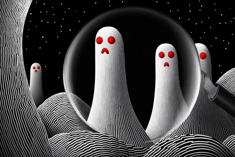 Сюрреалистическая иллюстрация с призрачными фигурами с ярко-красными глазами на темном фоне вызывает чувство страха и тайны