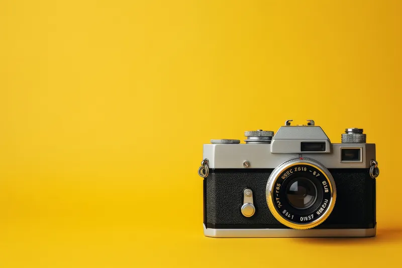 Плоская композиция с винтажной камерой и фотографическим оборудованием на желтом фоне с копировальным пространством