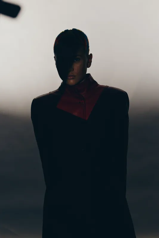 Mysterious woman in shadow with dark stylish outfit, minimal lighting, and dramatic moody atmosphere highlighting silhouette and strong posture.