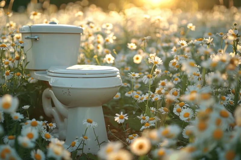 Унитаз в поле ромашек на закате