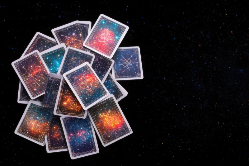 Креативная композиция из красочных карт Таро с замысловатыми космическими узорами на черном фоне