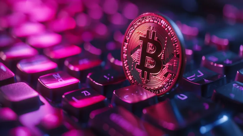 На фоне клавиатуры компьютера лежит биткоин, а сзади горят розовые и фиолетовые огни