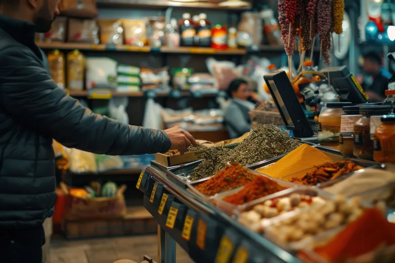 Мужчина стоит перед прилавком продуктового магазина со специями и товарами на продажу