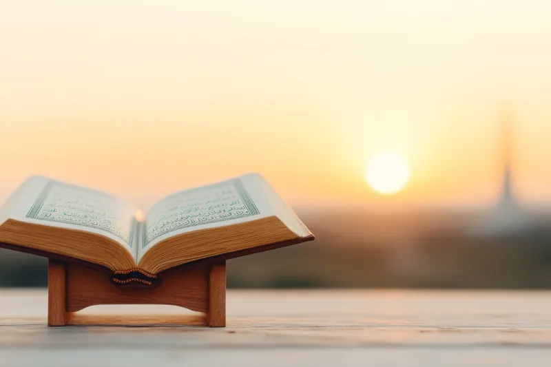 Открытая книга лежит на столе на закате; теплые оттенки неба отражают безмятежность и знания, что идеально подходит для тем образования и вдохновения