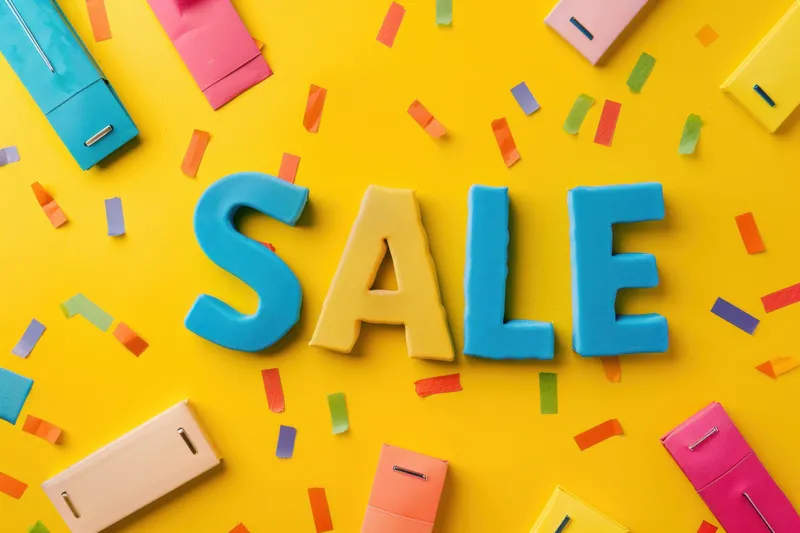 На желтом фоне разноцветные карандаши и конфетти окружают слово sale