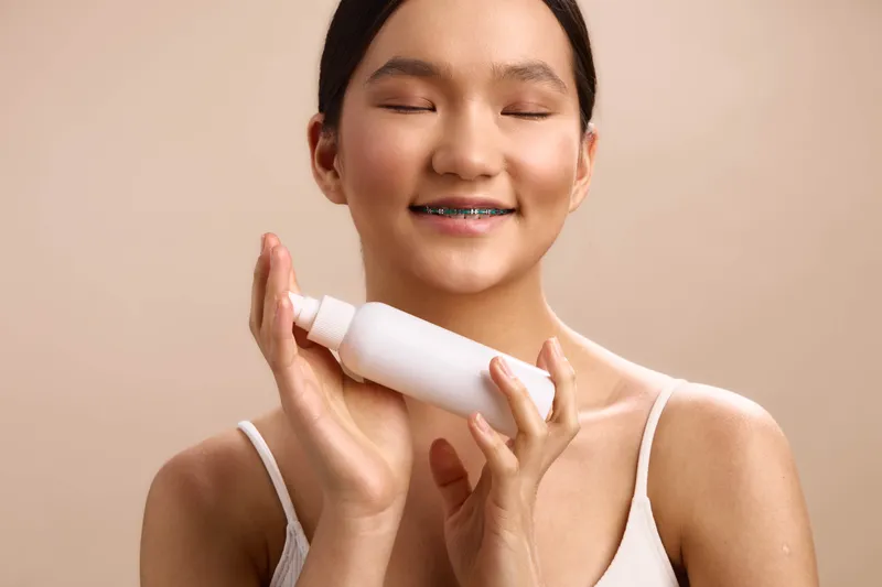 asian woman smiles softly while holding a cosmetic bottle in a bright, minimalist space, radiating wellness and healthy skin. The scene conveys daily care, beauty routine, and a calm, confident