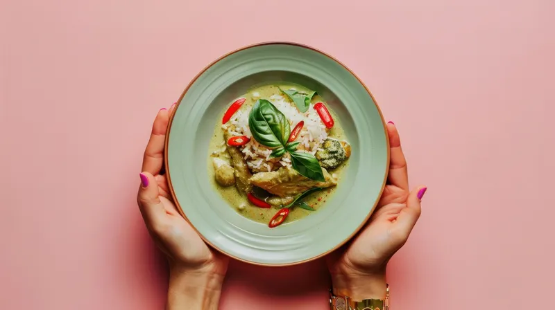 Крупный план рук, подающих миску с пикантной курицей, травами и специями на мягком розовом фоне