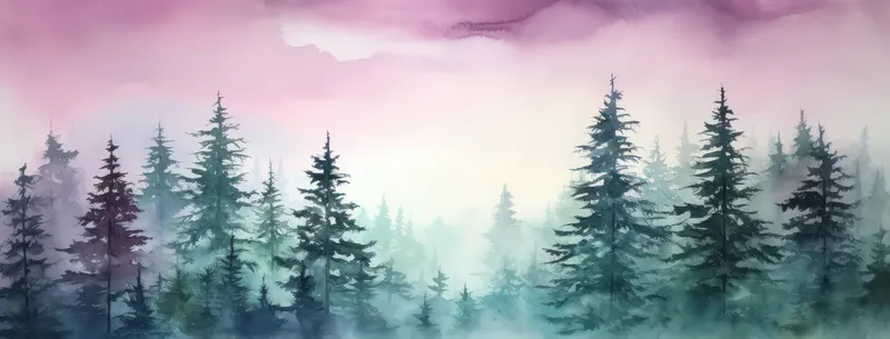 Ель, искусство, дерево, пейзаж, холодное время года, лес, фон, иней, зима, природа, акварель, открытка, иллюстрация, фон, рождество, лес, снег, голубой, туман, небо, силуэт, пихта, сосна