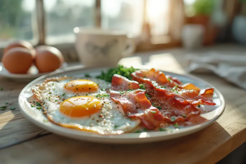 Вкусный завтрак из бекона и яиц с чашкой кофе на деревянном столе в деревенском стиле