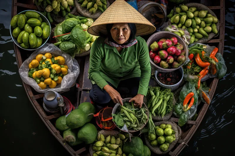 Вьетнамские женщины продают овощи и фрукты на уличном рынке в Ханое