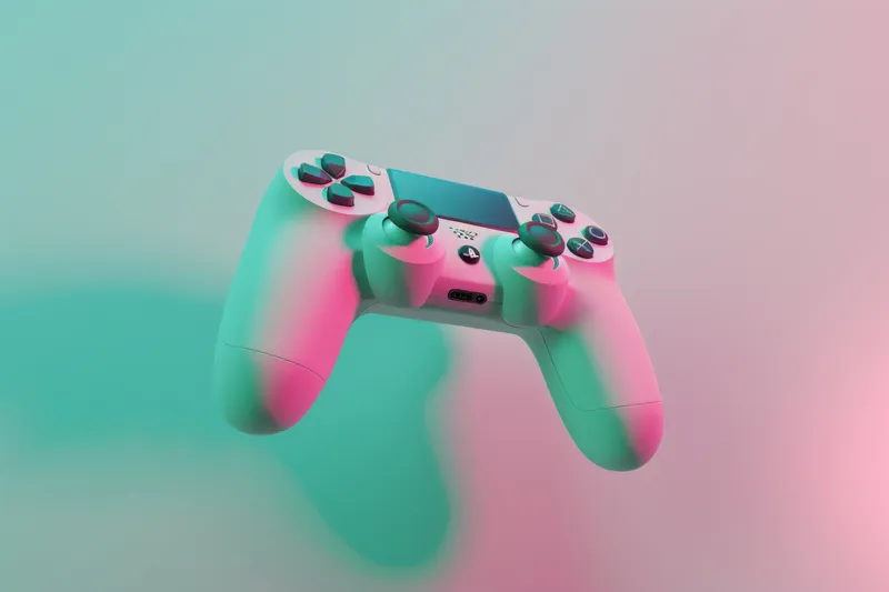 Игровой контроллер на ярком розово-голубом фоне с 3D-эффектами для концепций цифровых развлечений