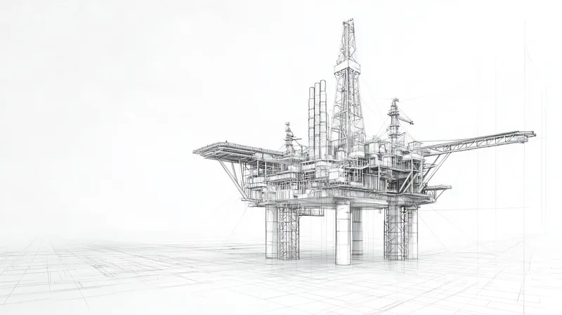 Детальный рисунок линиями морской нефтяной платформы подчеркивает инженерный и промышленный дизайн на чистом белом фоне, представляя темы энергетики и технологий