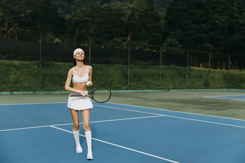 Young female tennis player in white sportswear smiling and playing on a bright blue court surrounded by green trees, showcasing energy and joy in sports