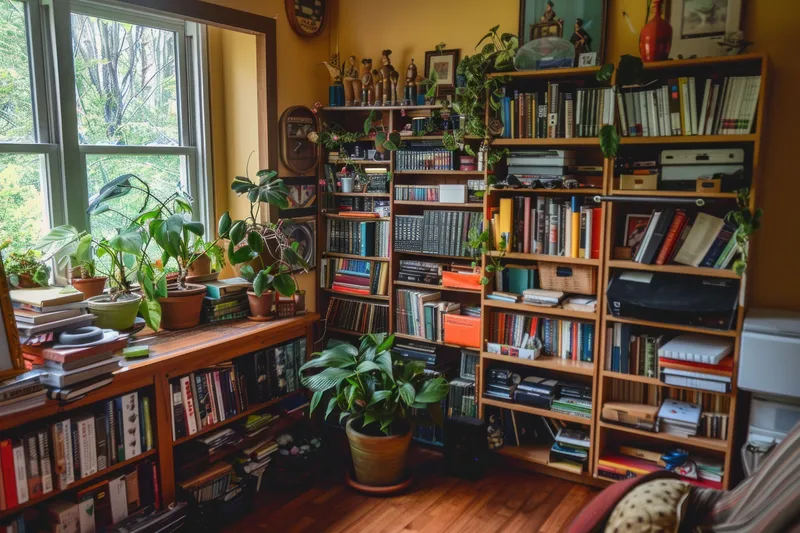 Уютный уголок для чтения с обильными книжными полками и пышными растениями у окна