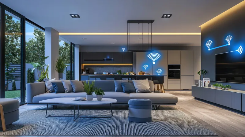 Современный дизайн интерьера умного дома, подчеркивающий подключение к Wi-Fi и комфортную жилую среду с натуральными элементами