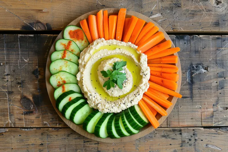 Красочная овощная тарелка с морковью, огурцами и хумусом, выложенными по кругу на деревянном фоне в деревенском стиле